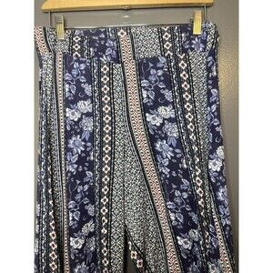 Bebop Palazzo Pants Womens Large Blue Floral Stripe Wide Leg Rayon Boho Print